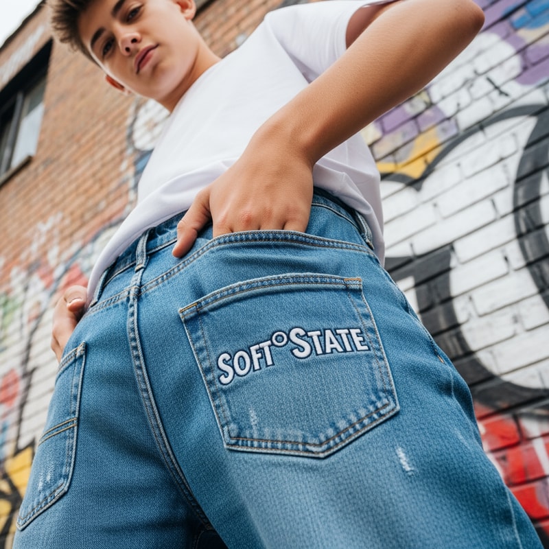 Créame un diseño de ropa de adolescente chico q ponga Soft°State y q sean pantalones baqueros