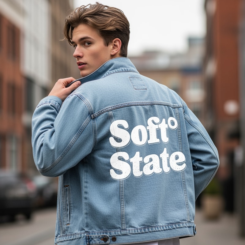 Créame un diseño de ropa de adolescente chico q ponga Soft°State y que sea una chaqueta