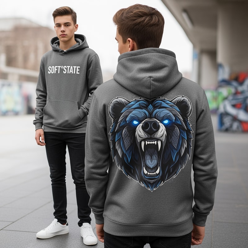 Créame un diseño de ropa de adolescente chico q ponga Soft°State y q sean sudaderas y q tenga por detrás un diseño bien chulo masculino