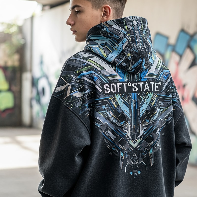 Créame un diseño de ropa de adolescente chico q ponga Soft°State y q sean sudaderas y q tenga por detrás un diseño bien chulo masculino y q no sea muy de niño