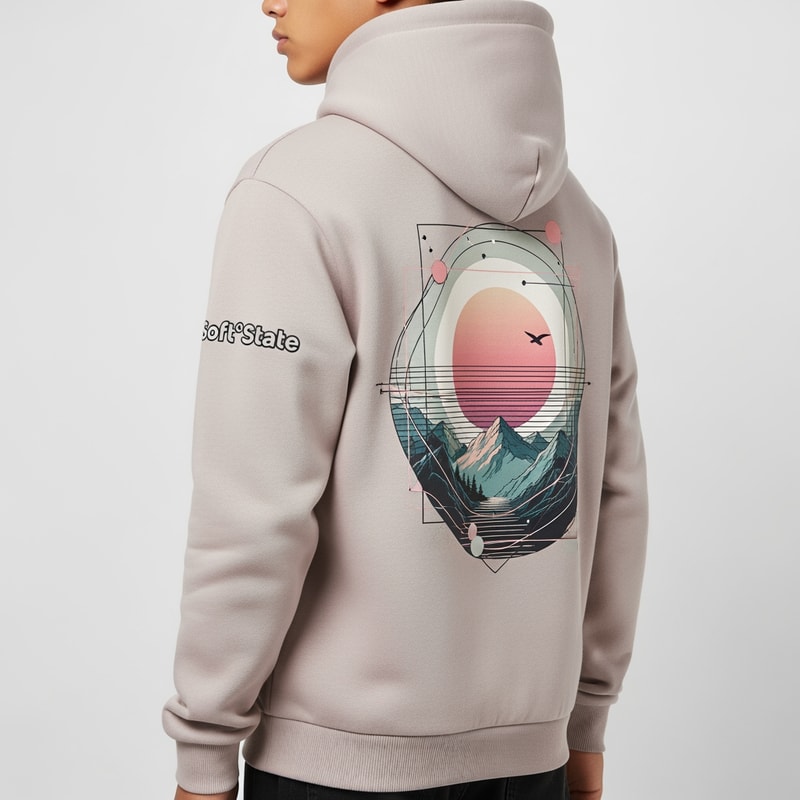 Créame un diseño de ropa de adolescente chico q ponga Soft°State y que sea una sudadera con un diseño guapo por detras
