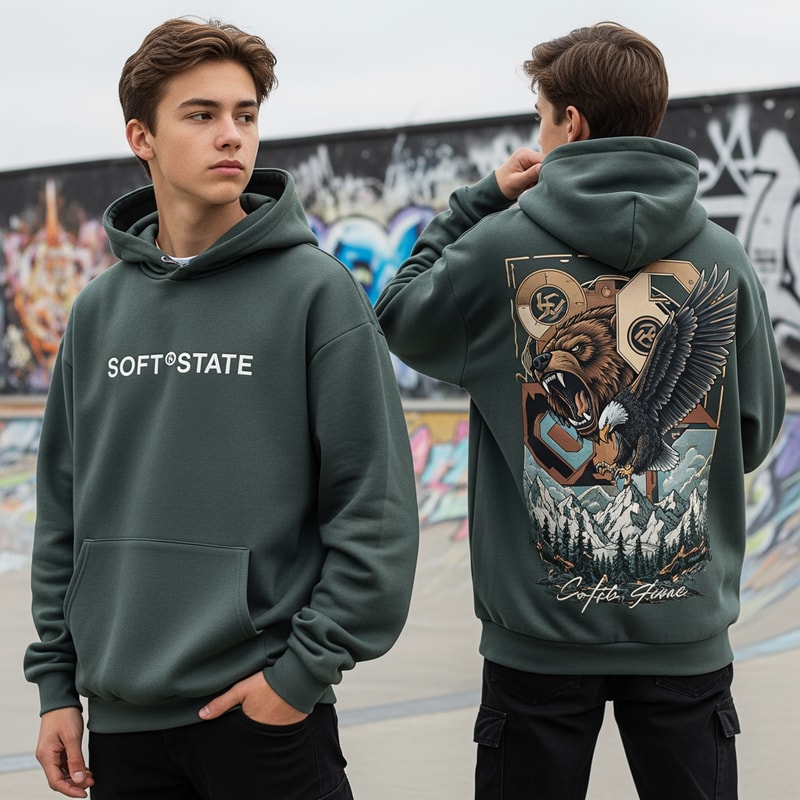 Créame un diseño de ropa de adolescente chico q ponga Soft°State y q sean sudaderas y q tenga por detrás un diseño bien chulo masculino