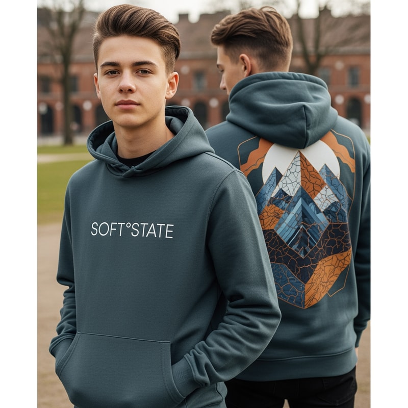 Créame un diseño de ropa de adolescente chico q ponga Soft°State y q sean sudaderas y q tenga por detrás un diseño bien chulo masculino y q no sea muy de niño