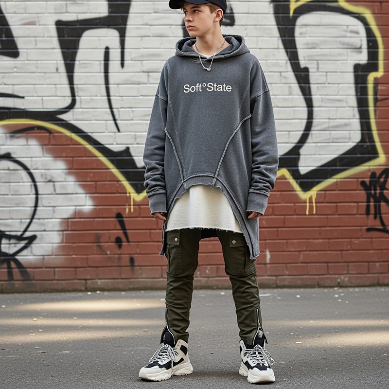Créame un diseño de ropa de adolescente chico q ponga Soft°State y q no sea basica