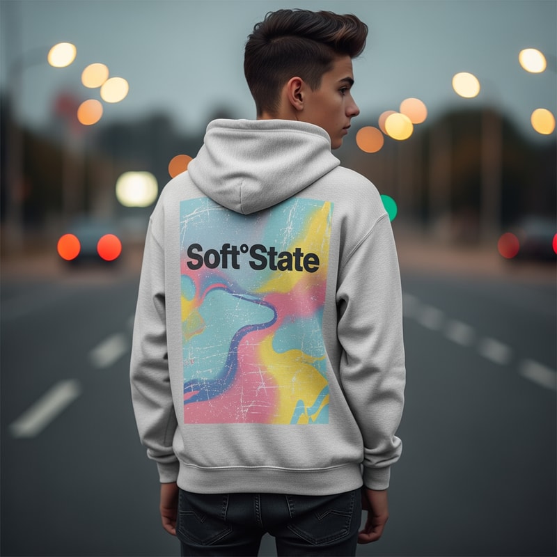Créame un diseño de ropa de adolescente chico q ponga Soft°State y que sea una sudadera con un diseño guapo por detras