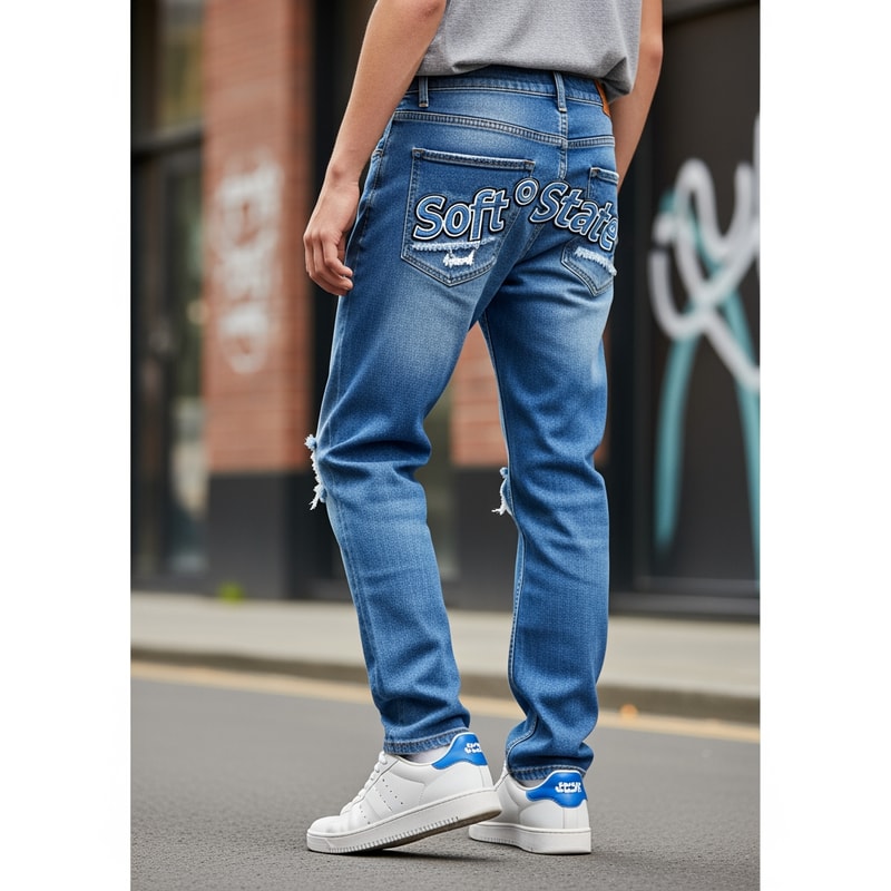 Créame un diseño de ropa de adolescente chico q ponga Soft°State y q sean pantalones baqueros
