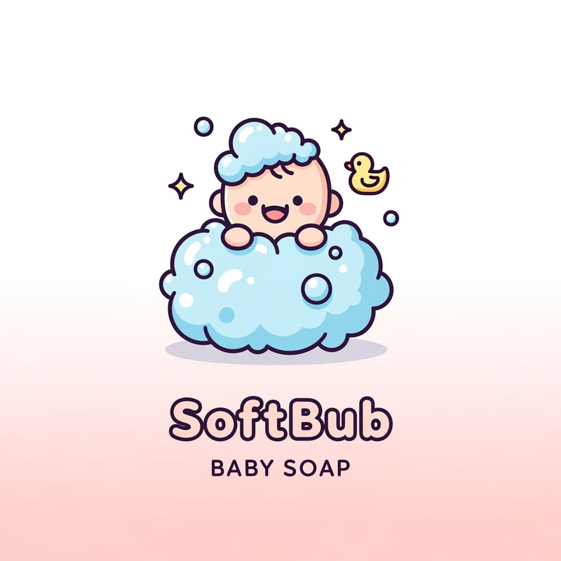 Design an adorable premium logo for SoftBub Baby Soap. Create a soft pastel illustration of a baby wrapped in bubbly foam, with tiny sparkles around. Use round, smooth shapes and thick clean outlines. Add a small rubber-duck icon near the bubbles. Keep colors baby-blue, peach, and light yellow. Style: kawaii, minimal, soft shadows, vector-quality. Below the icon, write SoftBub in a chubby rounded font and Baby Soap in simple lowercase. Background soft gradient: white to baby pink.”