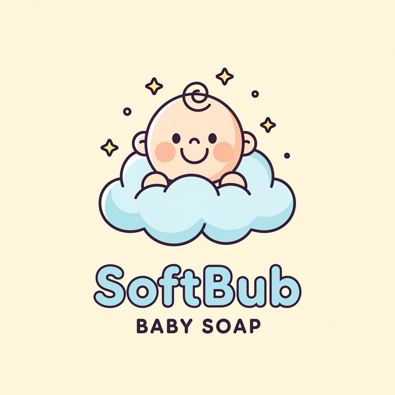 Create a cute, pastel baby logo for a brand named SoftBub Baby Soap. Show a smiling baby face with round cheeks and a small curl of hair, sitting inside a fluffy light-blue cloud. Add small yellow stars around the baby. Style should be soft, minimal, kawaii, clean line-art with pastel colors. Include the text ‘SoftBub’ in bold rounded font and ‘Baby Soap’ below it in soft rounded typography. Warm cream background.”