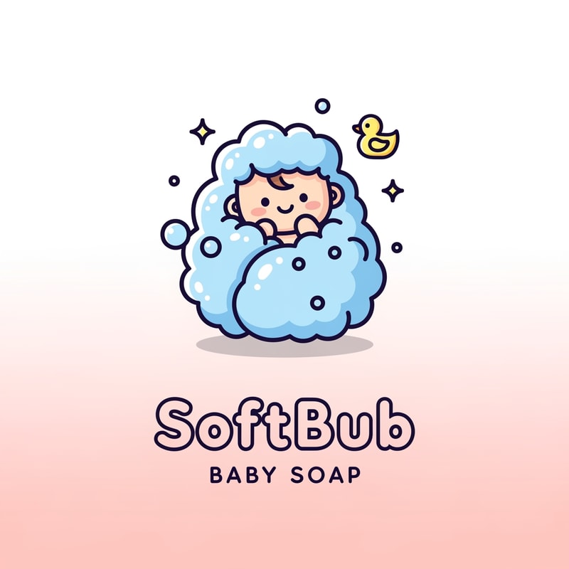 Design an adorable premium logo for SoftBub Baby Soap. Create a soft pastel illustration of a baby wrapped in bubbly foam, with tiny sparkles around. Use round, smooth shapes and thick clean outlines. Add a small rubber-duck icon near the bubbles. Keep colors baby-blue, peach, and light yellow. Style: kawaii, minimal, soft shadows, vector-quality. Below the icon, write SoftBub in a chubby rounded font and Baby Soap in simple lowercase. Background soft gradient: white to baby pink.”