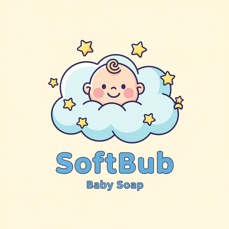 Create a cute, pastel baby logo for a brand named SoftBub Baby Soap. Show a smiling baby face with round cheeks and a small curl of hair, sitting inside a fluffy light-blue cloud. Add small yellow stars around the baby. Style should be soft, minimal, kawaii, clean line-art with pastel colors. Include the text ‘SoftBub’ in bold rounded font and ‘Baby Soap’ below it in soft rounded typography. Warm cream background.”