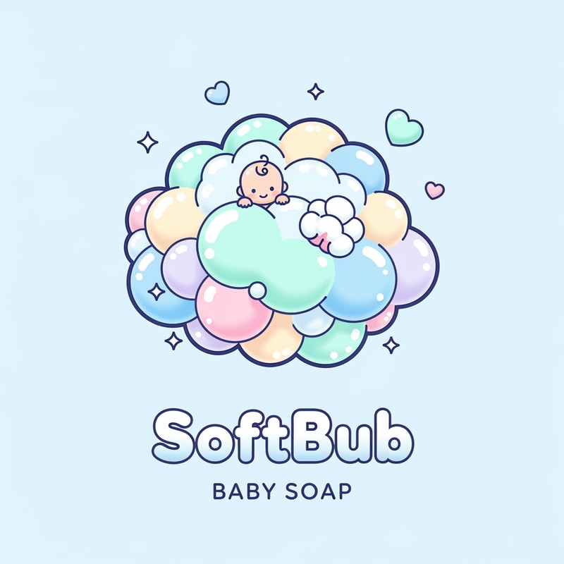 Create a soft, dreamy baby soap logo for SoftBub. Show a tiny baby peeking out of a big fluffy soap bubble cluster, with pastel rainbow reflections on the bubbles. Add small floating hearts and sparkles around. Style should be soft 3D-pastel, ultra-cute, rounded edges, glossy highlights, and clean vector outlines. Use gentle baby colors: sky blue, cotton pink, mint, and cream. Below the illustration, add the text SoftBub in a bubbly rounded font and Baby Soap in thin soft lettering. Overall look: dreamy, cute, premium.”