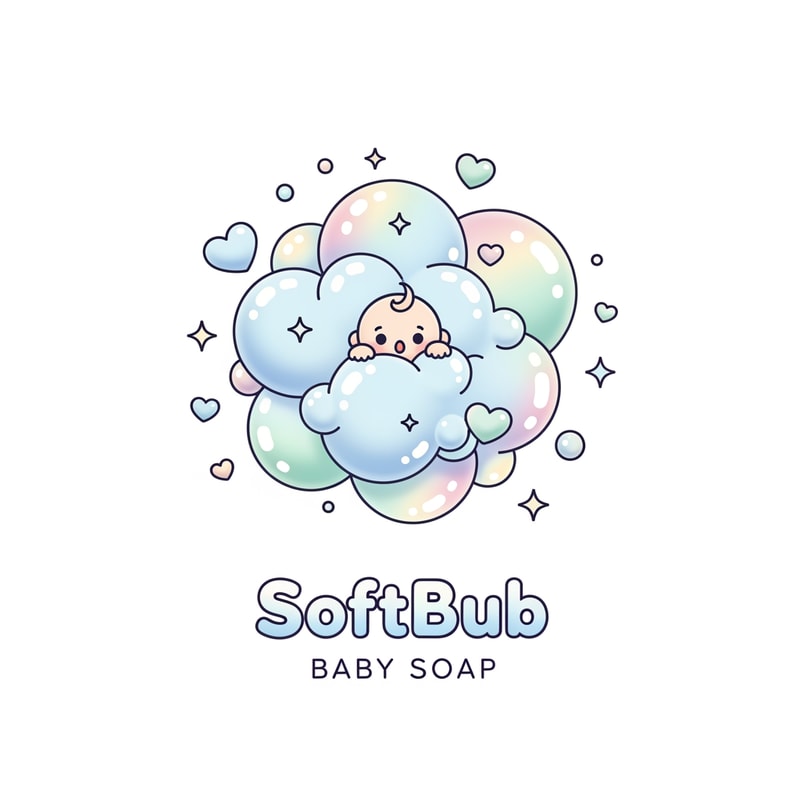 Create a soft, dreamy baby soap logo for SoftBub. Show a tiny baby peeking out of a big fluffy soap bubble cluster, with pastel rainbow reflections on the bubbles. Add small floating hearts and sparkles around. Style should be soft 3D-pastel, ultra-cute, rounded edges, glossy highlights, and clean vector outlines. Use gentle baby colors: sky blue, cotton pink, mint, and cream. Below the illustration, add the text SoftBub in a bubbly rounded font and Baby Soap in thin soft lettering. Overall look: dreamy, cute, premium.”