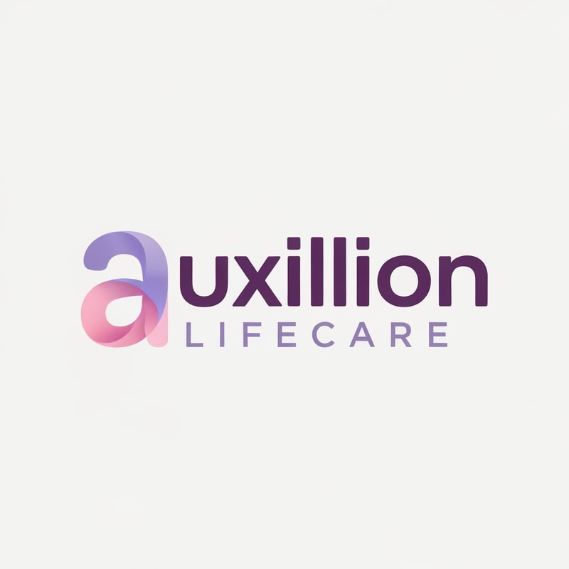 That is a very distinct and professional logo!

Here is the detailed prompt that describes the logo shown in the image, capturing all the visual elements, colors, and styling:

---

## Logo Description Prompt

A professional pharmaceutical company logo for **Auxillion Lifecare**.

The logo features the word **“uxillion”** in lowercase, written in a **bold modern sans-serif font** (like Poppins or Montserrat). The color of the text is **dark plum purple (\#3C014C)**.

Below it, the text **“LIFECARE”** appears in uppercase, **thin font with wide letter spacing**, colored **medium purple-gray (\#6A497A)**.

**The most prominent feature** is the initial letter: the lowercase letter **“a”** has been replaced by an **abstract symbol** that is directly connected to the rest of the word **"uxillion"**. This symbol is made from two smooth, **overlapping, organic shapes**—one **lavender (\#E1BDEB)** and the other **soft pink (\#F7A6B8)**—which are slightly transparent and smoothly blended, forming a **gentle curved, wave-like figure** that seamlessly flows into the 'u' of 'uxillion'.

The design should be **clean, minimal, and corporate**, with an **off-white background**. The look conveys **trust, innovation, and care**, suitable for a healthcare or pharmaceutical brand. create logo based on this prompt