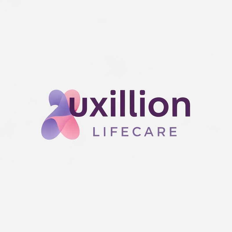 That is a very distinct and professional logo!

Here is the detailed prompt that describes the logo shown in the image, capturing all the visual elements, colors, and styling:

---

## Logo Description Prompt

A professional pharmaceutical company logo for **Auxillion Lifecare**.

The logo features the word **“uxillion”** in lowercase, written in a **bold modern sans-serif font** (like Poppins or Montserrat). The color of the text is **dark plum purple (\#3C014C)**.

Below it, the text **“LIFECARE”** appears in uppercase, **thin font with wide letter spacing**, colored **medium purple-gray (\#6A497A)**.

**The most prominent feature** is the initial letter: the lowercase letter **“A”** has been replaced by an **abstract symbol** that is directly connected to the rest of the word **"uxillion"**. This symbol is made from two smooth, **overlapping, organic shapes**—one **lavender (\#E1BDEB)** and the other **soft pink (\#F7A6B8)**—which are slightly transparent and smoothly blended, forming a **gentle curved, wave-like figure** that seamlessly flows into the 'u' of 'uxillion'.

The design should be **clean, minimal, and corporate**, with an **off-white background**. The look conveys **trust, innovation, and care**,  A should be creative or vector or illustration suitable for a healthcare or pharmaceutical brand. create logo based on this prompt