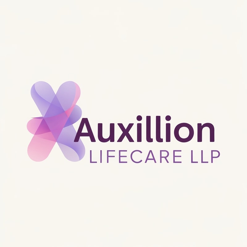 Logo Text:
"Auxillion Lifecare LLP"

Typography:

Font Style: Clean, modern sans-serif typeface (similar to Poppins SemiBold or Montserrat Bold).

The word "Auxillion" is in lowercase, bold, and dark plum-purple color.

The word "LIFECARE LLP" is in uppercase, thin or light-weight font, with letter spacing (tracking) slightly increased for a clean corporate look, and colored medium purple-grey.

Alignment: Center-aligned under "Auxillion".

Color Palette:

Main Wordmark ("uxillion") – deep plum purple (#3C014C or similar).

Illustration / symbol – gradient shades of soft lavender (#E1BDEB) and light pink (#F7A6B8) overlapping in a transparent manner.

Subtext ("LIFECARE LLP") – medium purple (#6A497A).

Symbol / Icon:

Positioned to the left of the text.

Stylized abstract letter "A", composed of two smooth, flowing, overlapping organic shapes.

Shapes resemble fluid, soft ribbons or intersecting drops, forming a gentle curve or wave.

The shapes are not sharp-edged – they are rounded, smooth, and softly blended using a gradient or transparency overlap between lavender and pink.

The symbol gives a sense of motion, harmony, and care (abstractly representing life, connection, or health).

Composition:

The symbol is roughly the same height as the word “Auxillion”.

The symbol overlaps slightly behind the “A” and “u” of "Auxillion" (optional for stylistic match).

The entire logo sits on a white or very light beige background.

Overall Look & Feel:

Professional, soft, and elegant.

Reflects a modern healthcare or pharmaceutical brand identity.

Avoids medical clichés (no crosses, pills, or heart icons).

Focuses on abstract purity, balance, and trustworthiness through color and form.