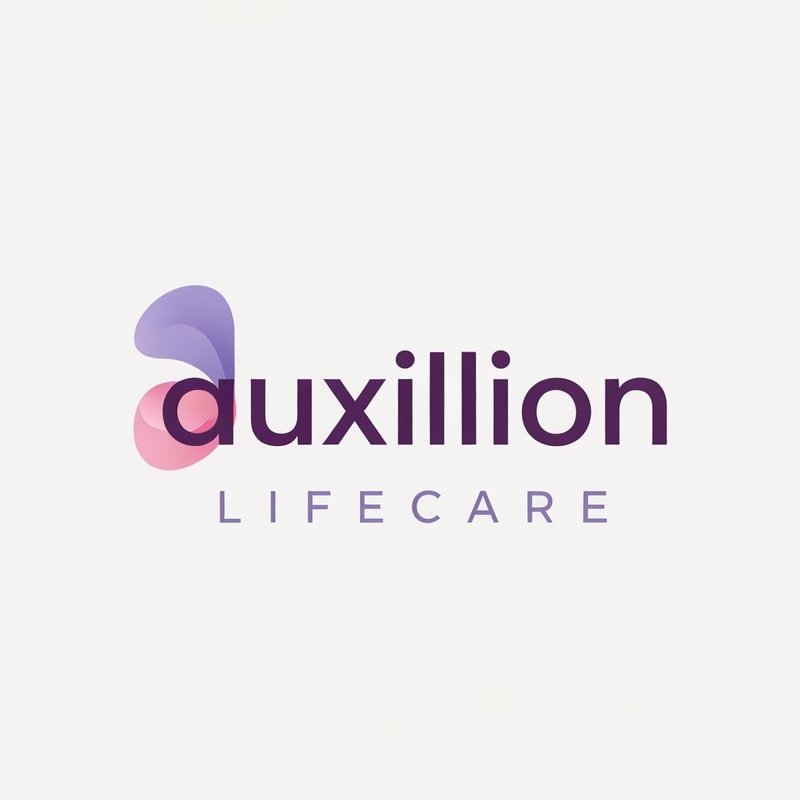 That is a very distinct and professional logo!

Here is the detailed prompt that describes the logo shown in the image, capturing all the visual elements, colors, and styling:

---

## Logo Description Prompt

A professional pharmaceutical company logo for **Auxillion Lifecare**.

The logo features the word **“uxillion”** in lowercase, written in a **bold modern sans-serif font** (like Poppins or Montserrat). The color of the text is **dark plum purple (\#3C014C)**.

Below it, the text **“LIFECARE”** appears in uppercase, **thin font with wide letter spacing**, colored **medium purple-gray (\#6A497A)**.

**The most prominent feature** is the initial letter: the lowercase letter **“A”** has been replaced by an **abstract symbol** that is directly connected to the rest of the word **"uxillion"**. This symbol is made from two smooth, **overlapping, organic shapes**—one **lavender (\#E1BDEB)** and the other **soft pink (\#F7A6B8)**—which are slightly transparent and smoothly blended, forming a **gentle curved, wave-like figure** that seamlessly flows into the 'u' of 'uxillion'.

The design should be **clean, minimal, and corporate**, with an **off-white background**. The look conveys **trust, innovation, and care**, suitable for a healthcare or pharmaceutical brand. create logo based on this prompt