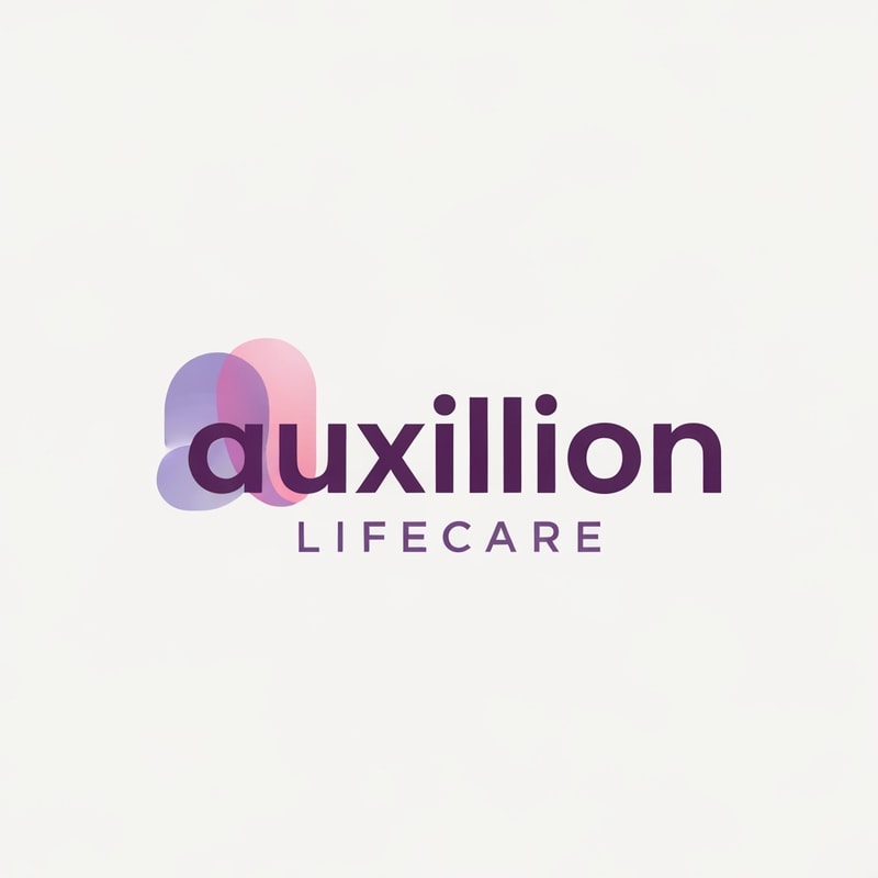 That is a very distinct and professional logo!

Here is the detailed prompt that describes the logo shown in the image, capturing all the visual elements, colors, and styling:

---

## Logo Description Prompt

A professional pharmaceutical company logo for **Auxillion Lifecare**.

The logo features the word **“uxillion”** in lowercase, written in a **bold modern sans-serif font** (like Poppins or Montserrat). The color of the text is **dark plum purple (\#3C014C)**.

Below it, the text **“LIFECARE”** appears in uppercase, **thin font with wide letter spacing**, colored **medium purple-gray (\#6A497A)**.

**The most prominent feature** is the initial letter: the lowercase letter **“A”** has been replaced by an **abstract symbol** that is directly connected to the rest of the word **"uxillion"**. This symbol is made from two smooth, **overlapping, organic shapes**—one **lavender (\#E1BDEB)** and the other **soft pink (\#F7A6B8)**—which are slightly transparent and smoothly blended, forming a **gentle curved, wave-like figure** that seamlessly flows into the 'u' of 'uxillion'.

The design should be **clean, minimal, and corporate**, with an **off-white background**. The look conveys **trust, innovation, and care**,  A should be creative or vector or illustration suitable for a healthcare or pharmaceutical brand. create logo based on this prompt