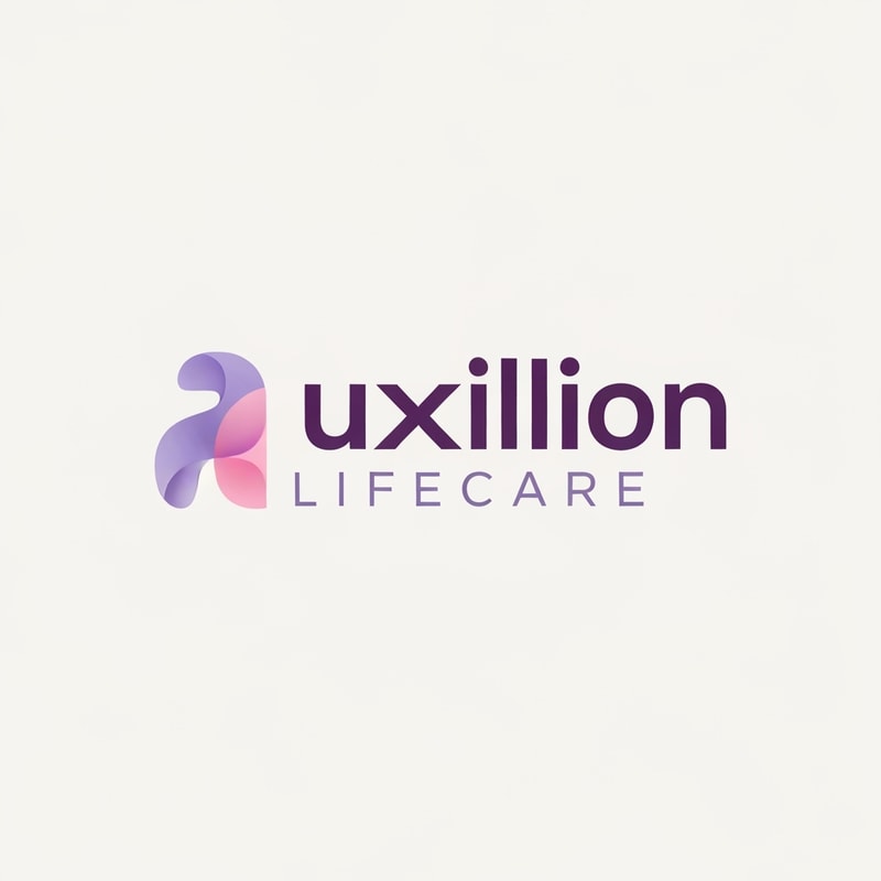 That is a very distinct and professional logo!

Here is the detailed prompt that describes the logo shown in the image, capturing all the visual elements, colors, and styling:

---

## Logo Description Prompt

A professional pharmaceutical company logo for **Auxillion Lifecare**.

The logo features the word **“uxillion”** in lowercase, written in a **bold modern sans-serif font** (like Poppins or Montserrat). The color of the text is **dark plum purple (\#3C014C)**.

Below it, the text **“LIFECARE”** appears in uppercase, **thin font with wide letter spacing**, colored **medium purple-gray (\#6A497A)**.

**The most prominent feature** is the initial letter: the lowercase letter **“A”** has been replaced by an **abstract symbol** that is directly connected to the rest of the word **"uxillion"**. This symbol is made from two smooth, **overlapping, organic shapes**—one **lavender (\#E1BDEB)** and the other **soft pink (\#F7A6B8)**—which are slightly transparent and smoothly blended, forming a **gentle curved, wave-like figure** that seamlessly flows into the 'u' of 'uxillion'.

The design should be **clean, minimal, and corporate**, with an **off-white background**. The look conveys **trust, innovation, and care**,  A should be creative or vector or illustration suitable for a healthcare or pharmaceutical brand. create logo based on this prompt