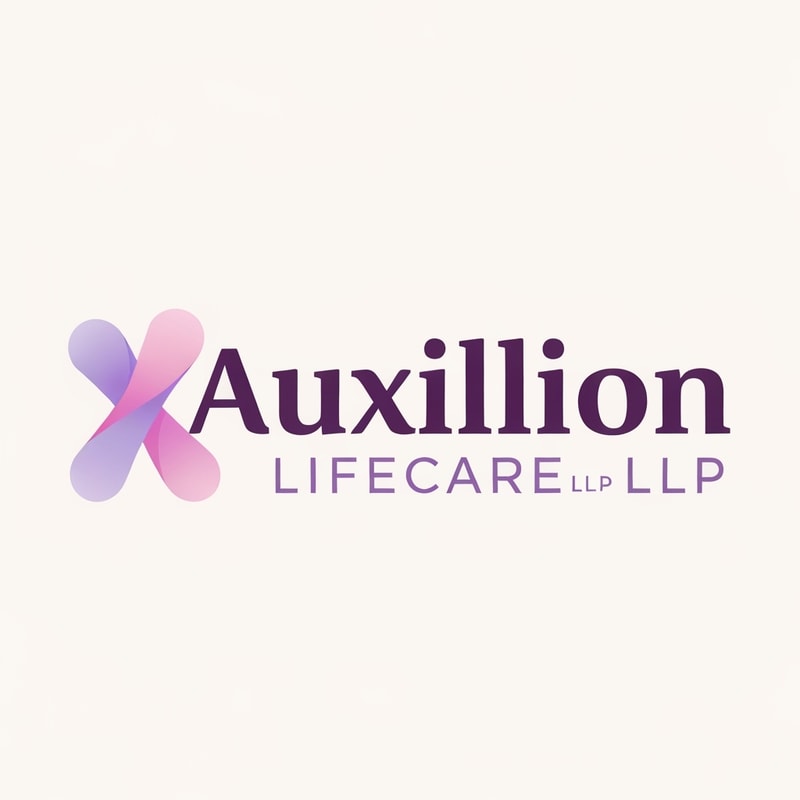 Logo Text:
"Auxillion Lifecare LLP"
Typography:
Font Style: Clean, modern sans-serif typeface (similar to Poppins SemiBold or Montserrat Bold).
The word "Auxillion" is in lowercase, bold, and dark plum-purple color.
The word "LIFECARE LLP" is in uppercase, thin or light-weight font, with letter spacing (tracking) slightly increased for a clean corporate look, and colored medium purple-grey.
Alignment: Center-aligned under "Auxillion".
Color Palette:
Main Wordmark ("uxillion") – deep plum purple (#3C014C or similar).
Illustration / symbol – gradient shades of soft lavender (#E1BDEB) and light pink (#F7A6B8) overlapping in a transparent manner.
Subtext ("LIFECARE LLP") – medium purple (#6A497A).
Symbol / Icon:
Positioned to the left of the text.
Stylized abstract letter "A", composed of two smooth, flowing, overlapping organic shapes.
Shapes resemble fluid, soft ribbons or intersecting drops, forming a gentle curve or wave.
The shapes are not sharp-edged – they are rounded, smooth, and softly blended using a gradient or transparency overlap between lavender and pink.
The symbol gives a sense of motion, harmony, and care (abstractly representing life, connection, or health).
Composition:
The symbol is roughly the same height as the word “Auxillion”.
The symbol overlaps slightly behind the “A” and “u” of "Auxillion" (optional for stylistic match).
The entire logo sits on a white or very light beige background.
Overall Look & Feel:
Professional, soft, and elegant.
Reflects a modern healthcare or pharmaceutical brand identity.
Avoids medical clichés (no crosses, pills, or heart icons).
Focuses on abstract purity, balance, and trustworthiness through color and form.
