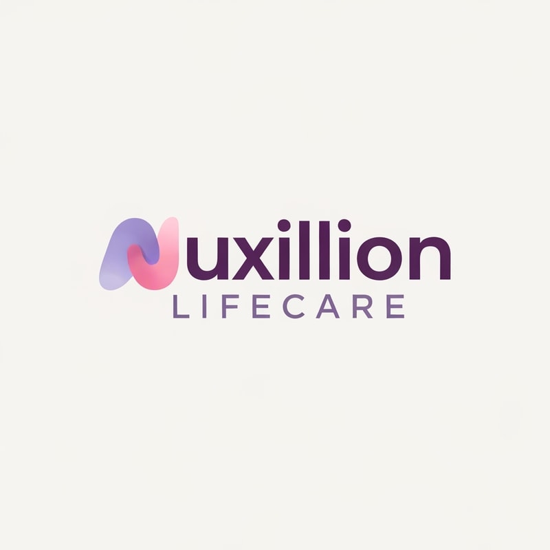 That is a very distinct and professional logo!

Here is the detailed prompt that describes the logo shown in the image, capturing all the visual elements, colors, and styling:

---

## Logo Description Prompt

A professional pharmaceutical company logo for **Auxillion Lifecare**.

The logo features the word **“uxillion”** in lowercase, written in a **bold modern sans-serif font** (like Poppins or Montserrat). The color of the text is **dark plum purple (\#3C014C)**.

Below it, the text **“LIFECARE”** appears in uppercase, **thin font with wide letter spacing**, colored **medium purple-gray (\#6A497A)**.

**The most prominent feature** is the initial letter: the lowercase letter **“A”** has been replaced by an **abstract symbol** that is directly connected to the rest of the word **"uxillion"**. This symbol is made from two smooth, **overlapping, organic shapes**—one **lavender (\#E1BDEB)** and the other **soft pink (\#F7A6B8)**—which are slightly transparent and smoothly blended, forming a **gentle curved, wave-like figure** that seamlessly flows into the 'u' of 'uxillion'.

The design should be **clean, minimal, and corporate**, with an **off-white background**. The look conveys **trust, innovation, and care**, suitable for a healthcare or pharmaceutical brand. create logo based on this prompt