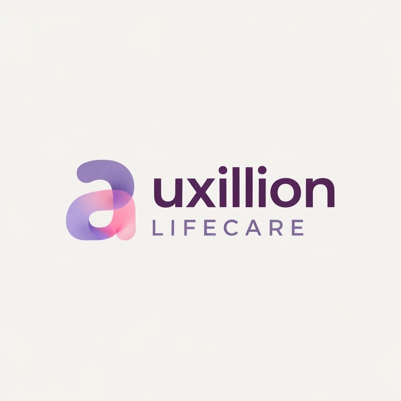 That is a very distinct and professional logo!

Here is the detailed prompt that describes the logo shown in the image, capturing all the visual elements, colors, and styling:

---

## Logo Description Prompt

A professional pharmaceutical company logo for **Auxillion Lifecare**.

The logo features the word **“uxillion”** in lowercase, written in a **bold modern sans-serif font** (like Poppins or Montserrat). The color of the text is **dark plum purple (\#3C014C)**.

Below it, the text **“LIFECARE”** appears in uppercase, **thin font with wide letter spacing**, colored **medium purple-gray (\#6A497A)**.

**The most prominent feature** is the initial letter: the lowercase letter **“A”** has been replaced by an **abstract symbol** that is directly connected to the rest of the word **"uxillion"**. This symbol is made from two smooth, **overlapping, organic shapes**—one **lavender (\#E1BDEB)** and the other **soft pink (\#F7A6B8)**—which are slightly transparent and smoothly blended, forming a **gentle curved, wave-like figure** that seamlessly flows into the 'u' of 'uxillion'.

The design should be **clean, minimal, and corporate**, with an **off-white background**. The look conveys **trust, innovation, and care**, suitable for a healthcare or pharmaceutical brand. create logo based on this prompt