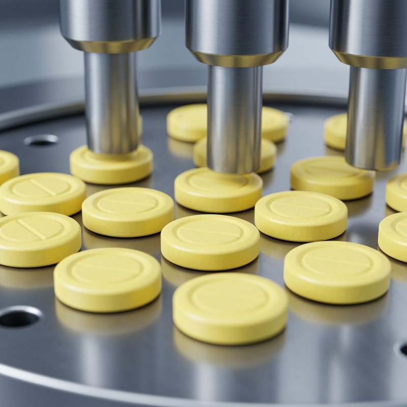 “Ultra-realistic and Photorealistic close-up of a pharmaceutical tablet compression machine in operation. A high resolution close-up of small yellow tablets with octagonal shape and a smooth beveled edge. The center has an oval embossed outline with no text or imprint, tablets moving through a rotating stainless steel die table. Multiple Metallic punches pressing tablets with precise mechanical motion on a rotating stainless steel die table. Clean, sterile, high-tech pharmaceutical environment with cool silver tones with high lighting. Detailed reflections on metal surfaces, minimalistic sterile environment. Shallow depth of field with slightly blurred background, sharp focus on punches and freshly compressed tablets, slight depth of field. High-tech, clean, glossy, photorealistic Industrial pharma manufacturing process, no text.”