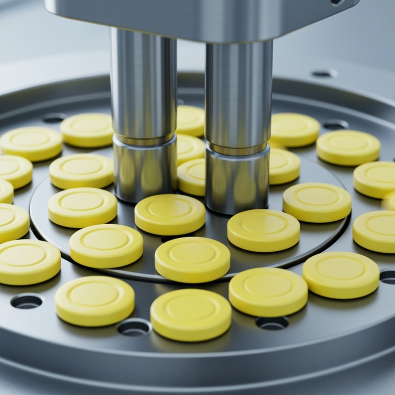 “Ultra-realistic and Photorealistic close-up of a pharmaceutical tablet compression machine in operation. A high resolution close-up of small yellow tablets with octagonal shape and a smooth beveled edge. The center has an oval embossed outline with no text or imprint, tablets moving through a rotating stainless steel die table. Multiple Metallic punches pressing tablets with precise mechanical motion on a rotating stainless steel die table. Clean, sterile, high-tech pharmaceutical environment with cool silver tones with high lighting. Detailed reflections on metal surfaces, minimalistic sterile environment. Shallow depth of field with slightly blurred background, sharp focus on punches and freshly compressed tablets, slight depth of field. High-tech, clean, glossy, photorealistic Industrial pharma manufacturing process, no text.”