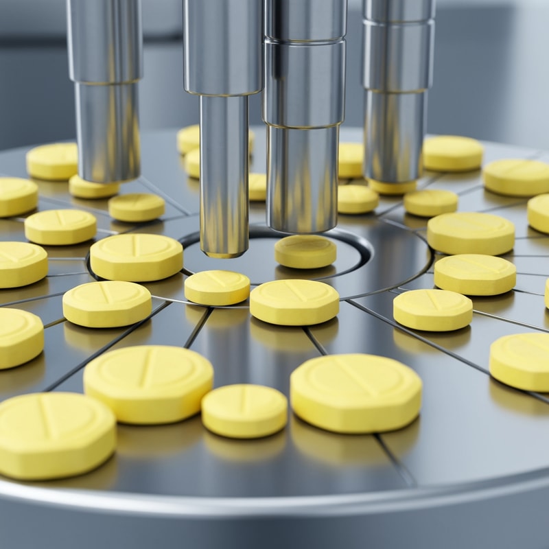“Ultra-realistic and Photorealistic close-up of a pharmaceutical tablet compression machine in operation. A high resolution close-up of small yellow tablets with octagonal shape and a smooth beveled edge. The center has an oval embossed outline with no text or imprint, tablets moving through a rotating stainless steel die table. Multiple Metallic punches pressing tablets with precise mechanical motion on a rotating stainless steel die table. Clean, sterile, high-tech pharmaceutical environment with cool silver tones with high lighting. Detailed reflections on metal surfaces, minimalistic sterile environment. Shallow depth of field with slightly blurred background, sharp focus on punches and freshly compressed tablets, slight depth of field. High-tech, clean, glossy, photorealistic Industrial pharma manufacturing process, no text.”