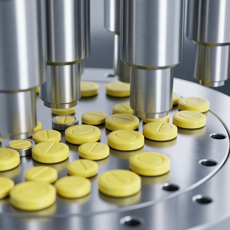 “Ultra-realistic and Photorealistic close-up of a pharmaceutical tablet compression machine in operation. A high resolution close-up of small yellow tablets with octagonal shape and a smooth beveled edge. The center has an oval embossed outline with no text or imprint, tablets moving through a rotating stainless steel die table. Multiple Metallic punches pressing tablets with precise mechanical motion on a rotating stainless steel die table. Clean, sterile, high-tech pharmaceutical environment with cool silver tones with high lighting. Detailed reflections on metal surfaces, minimalistic sterile environment. Shallow depth of field with slightly blurred background, sharp focus on punches and freshly compressed tablets, slight depth of field. High-tech, clean, glossy, photorealistic Industrial pharma manufacturing process, no text.”
