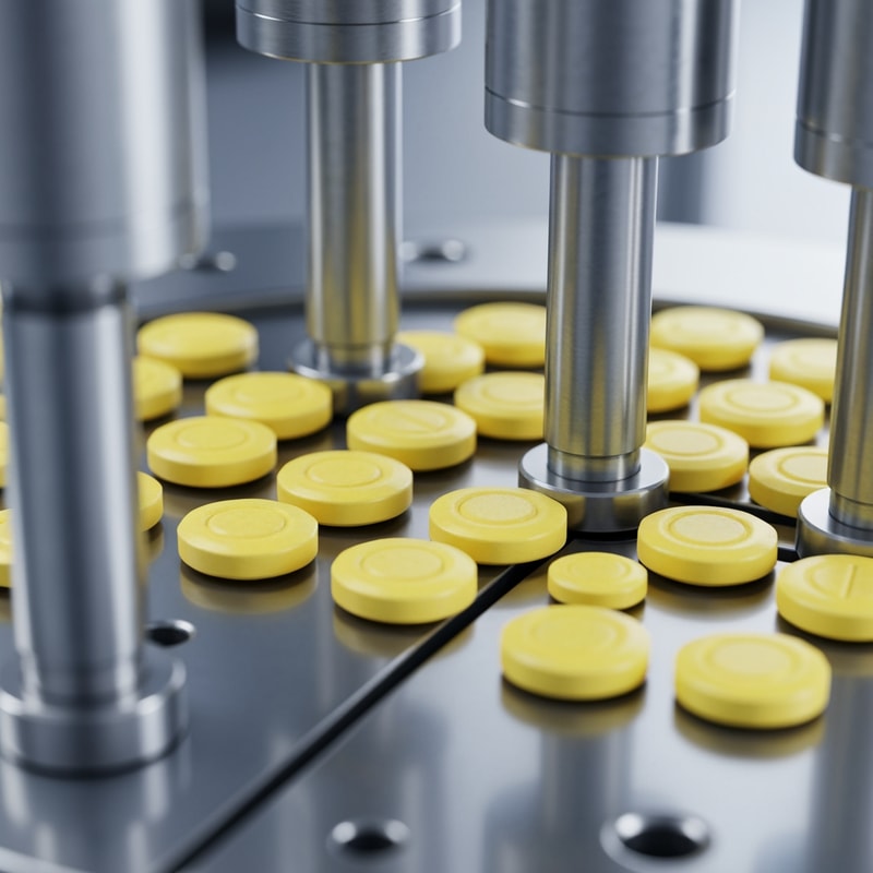 “Ultra-realistic and Photorealistic close-up of a pharmaceutical tablet compression machine in operation. A high resolution close-up of small yellow tablets with octagonal shape and a smooth beveled edge. The center has an oval embossed outline with no text or imprint, tablets moving through a rotating stainless steel die table. Multiple Metallic punches pressing tablets with precise mechanical motion on a rotating stainless steel die table. Clean, sterile, high-tech pharmaceutical environment with cool silver tones with high lighting. Detailed reflections on metal surfaces, minimalistic sterile environment. Shallow depth of field with slightly blurred background, sharp focus on punches and freshly compressed tablets, slight depth of field. High-tech, clean, glossy, photorealistic Industrial pharma manufacturing process, no text.”