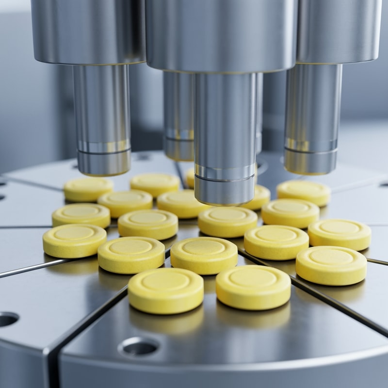 “Ultra-realistic and Photorealistic close-up of a pharmaceutical tablet compression machine in operation. A high resolution close-up of small yellow tablets with octagonal shape and a smooth beveled edge. The center has an oval embossed outline with no text or imprint, tablets moving through a rotating stainless steel die table. Multiple Metallic punches pressing tablets with precise mechanical motion on a rotating stainless steel die table. Clean, sterile, high-tech pharmaceutical environment with cool silver tones with high lighting. Detailed reflections on metal surfaces, minimalistic sterile environment. Shallow depth of field with slightly blurred background, sharp focus on punches and freshly compressed tablets, slight depth of field. High-tech, clean, glossy, photorealistic Industrial pharma manufacturing process, no text.”