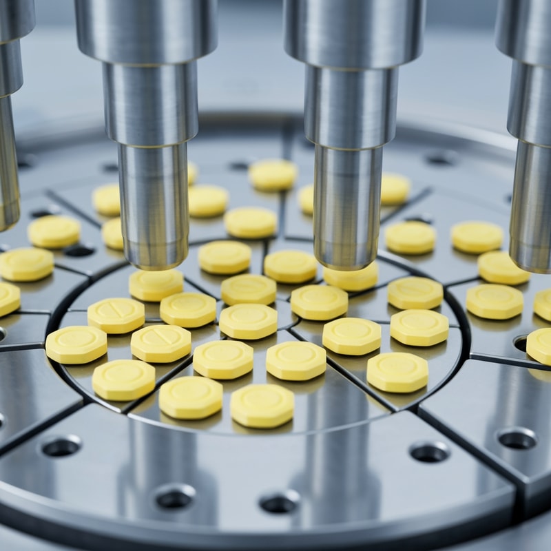 “Ultra-realistic and Photorealistic close-up of a pharmaceutical tablet compression machine in operation. A high resolution close-up of small yellow tablets with octagonal shape and a smooth beveled edge. The center has an oval embossed outline with no text or imprint, tablets moving through a rotating stainless steel die table. Multiple Metallic punches pressing tablets with precise mechanical motion on a rotating stainless steel die table. Clean, sterile, high-tech pharmaceutical environment with cool silver tones with high lighting. Detailed reflections on metal surfaces, minimalistic sterile environment. Shallow depth of field with slightly blurred background, sharp focus on punches and freshly compressed tablets, slight depth of field. High-tech, clean, glossy, photorealistic Industrial pharma manufacturing process, no text.”