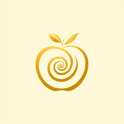 Professional logo design. "A stylized golden apple logo with the elements arranged in a Fibonacci spiral pattern. The apple shape should be composed of spiral curves that follow the Fibonacci sequence, with the leaf and stem also adhering to the Fibonacci proportions. The overall composition should have a harmonious, organic feel that showcases the natural mathematical beauty of the Fibonacci sequence. The color palette should be warm and earthy, highlighting the natural theme.the logo must have golden details and off-white background"