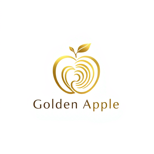 Professional logo design. Design a luxurious, minimalist logo for the 'Golden Apple' fitness and wellness brand, featuring a golden apple emblem. Integrate the Fibonacci sequence into the apple's shape, emphasizing spiraling curves or golden ratio proportions to give it a harmonious, naturally balanced aesthetic. Use elegant golden tones for the apple and subtle white or black for the background, depending on the class theme (white for yoga/pilates, black for functional training). Incorporate golden highlights for a high-end feel, ensuring the curves are smooth and the design evokes balance, wellness, and luxury.