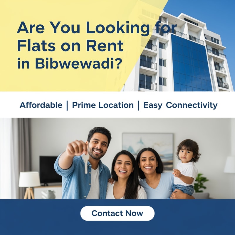 Create a clean and simple Facebook campaign poster with the headline: “Are You Looking for Flats on Rent in Bibwewadi?” Add supportive text like “Affordable | Prime Location | Easy Connectivity”. Use real estate themed visuals like modern apartment buildings or happy families. Keep the colors professional (blue, white, or light yellow). Add a “Contact Now” call-to-action button style at the bottom. Make the design neat, attractive, and easy to read.