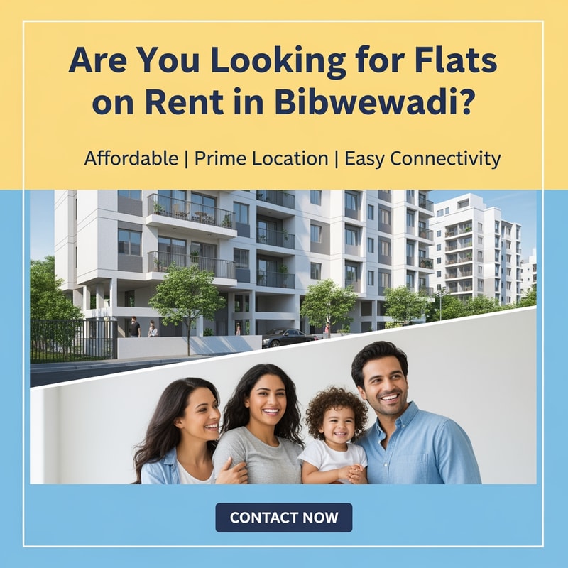 Create a clean and simple Facebook campaign poster with the headline: “Are You Looking for Flats on Rent in Bibwewadi?” Add supportive text like “Affordable | Prime Location | Easy Connectivity”. Use real estate themed visuals like modern apartment buildings or happy families. Keep the colors professional (blue, white, or light yellow). Add a “Contact Now” call-to-action button style at the bottom. Make the design neat, attractive, and easy to read.