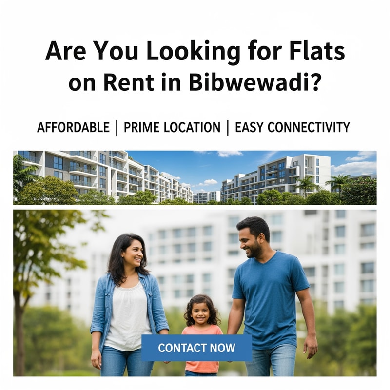 Create a clean and simple Facebook campaign poster with the headline: “Are You Looking for Flats on Rent in Bibwewadi?” Add supportive text like “Affordable | Prime Location | Easy Connectivity”. Use real estate themed visuals like modern apartment buildings or happy families. Keep the colors professional. Add a “Contact Now” call-to-action button style at the bottom. Make the design neat, attractive, and easy to read.