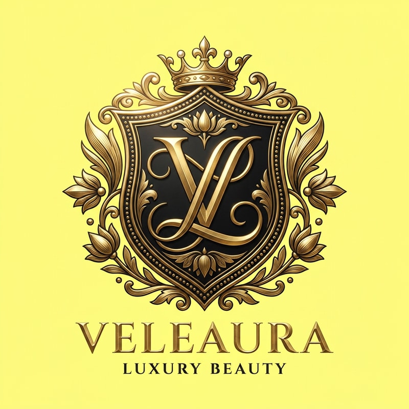 Create a royal emblem-style logo for a luxury beauty brand called “Veleaura.” The design should feel like a modern royal seal—rich, powerful, and prestigious. Feature a bold intertwined “V” and “L” monogram inside an ornate crest or shield, with fine gold detailing such as filigree, subtle crown elements, or symmetrical flourishes. Use a black and rich gold palette, with polished metallic highlights and engraved textures to create depth. The logo should feel authoritative yet feminine, combining strength with elegance. Typography should be a classic serif with a regal presence and slightly spaced lettering. Style references include royal insignia, luxury perfume houses, and premium packaging. Keep it highly detailed, symmetrical, with dramatic lighting and a premium, iconic finish.
