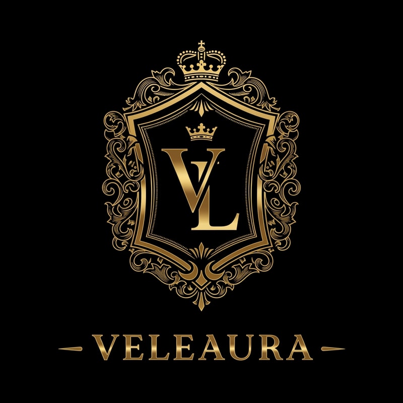 Create a royal emblem-style logo for a luxury beauty brand called “Veleaura.” The design should feel like a modern royal seal—rich, powerful, and prestigious. Feature a bold intertwined “V” and “L” monogram inside an ornate crest or shield, with fine gold detailing such as filigree, subtle crown elements, or symmetrical flourishes. Use a black and rich gold palette, with polished metallic highlights and engraved textures to create depth. The logo should feel authoritative yet feminine, combining strength with elegance. Typography should be a classic serif with a regal presence and slightly spaced lettering. Style references include royal insignia, luxury perfume houses, and premium packaging. Keep it highly detailed, symmetrical, with dramatic lighting and a premium, iconic finish.