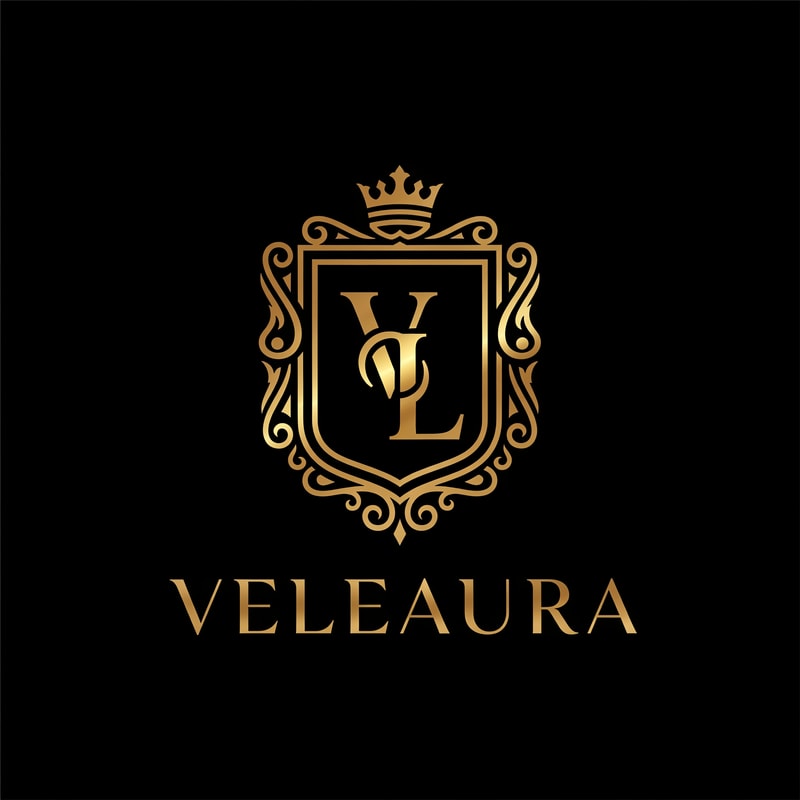 Design a luxurious emblem-style logo for a premium beauty brand named Veleaura. The logo should feel elegant, royal, and timeless, with a strong high-end aesthetic that immediately stands out.

Incorporate a refined monogram using the letters V and L, creatively intertwined or symmetrically balanced within the emblem. The emblem should have a regal structure—think crests, seals, or royal insignia—with delicate yet bold detailing.

Use a sophisticated color palette of deep black and rich metallic gold. The gold should appear luminous and premium (not flat), contrasting beautifully against the dark background.

Typography should be sleek, serif or high-fashion style—clean, sharp, and elegant. The overall composition must feel balanced, minimal yet detailed, and suitable for luxury packaging, cosmetics branding, and high-end identity.

Avoid clutter. Focus on precision, symmetry, and a premium finish. The final logo should evoke exclusivity, beauty, and power.