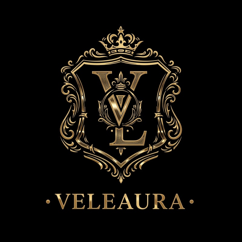 Create a royal emblem-style logo for a luxury beauty brand called “Veleaura.” The design should feel like a modern royal seal—rich, powerful, and prestigious. Feature a bold intertwined “V” and “L” monogram inside an ornate crest or shield, with fine gold detailing such as filigree, subtle crown elements, or symmetrical flourishes. Use a black and rich gold palette, with polished metallic highlights and engraved textures to create depth. The logo should feel authoritative yet feminine, combining strength with elegance. Typography should be a classic serif with a regal presence and slightly spaced lettering. Style references include royal insignia, luxury perfume houses, and premium packaging. Keep it highly detailed, symmetrical, with dramatic lighting and a premium, iconic finish.
