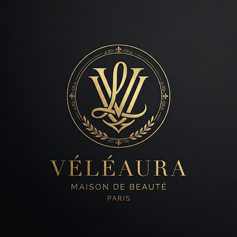 Design an ultra-luxurious logo for a premium beauty brand named “Veleaura.” The logo should feel like a heritage fashion house—timeless, elegant, and instantly iconic. Create a refined emblem with an intertwined “V” and “L” monogram, crafted with perfect symmetry and precision. The monogram should feel balanced, minimal, yet powerful, like a signature mark of a global luxury brand. Incorporate a subtle crest or circular seal, with delicate ornamental detailing that enhances—not overwhelms—the design. Use a deep matte black background with metallic gold accents, featuring soft gold foil texture, subtle shine, and embossed finish. Typography should be high-end serif (Didot/Bodoni style), thin yet bold, with generous spacing for a premium feel. Style references include Parisian haute couture, luxury skincare, and runway branding. Keep it minimal, clean, extremely refined, high contrast, centered composition, vector style, and ultra-detailed.