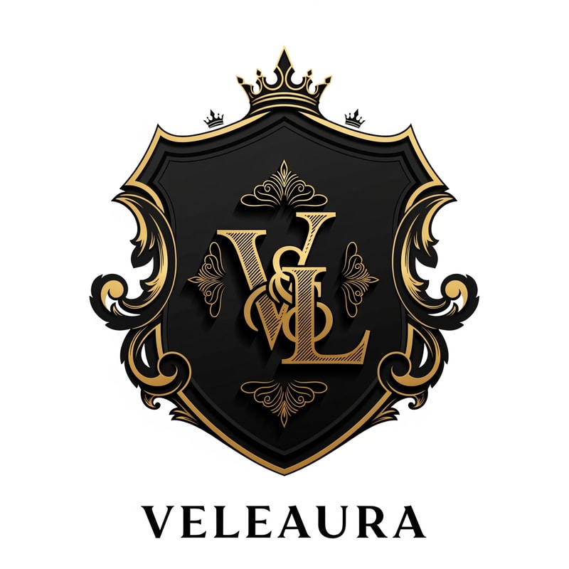 Create a royal emblem-style logo for a luxury beauty brand called “Veleaura.” The design should feel like a modern royal seal—rich, powerful, and prestigious. Feature a bold intertwined “V” and “L” monogram inside an ornate crest or shield, with fine gold detailing such as filigree, subtle crown elements, or symmetrical flourishes. Use a black and rich gold palette, with polished metallic highlights and engraved textures to create depth. The logo should feel authoritative yet feminine, combining strength with elegance. Typography should be a classic serif with a regal presence and slightly spaced lettering. Style references include royal insignia, luxury perfume houses, and premium packaging. Keep it highly detailed, symmetrical, with dramatic lighting and a premium, iconic finish.