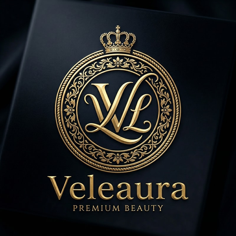 Design a luxurious emblem-style logo for a premium beauty brand named Veleaura. The logo should feel elegant, royal, and timeless, with a strong high-end aesthetic that immediately stands out.

Incorporate a refined monogram using the letters V and L, creatively intertwined or symmetrically balanced within the emblem. The emblem should have a regal structure—think crests, seals, or royal insignia—with delicate yet bold detailing.

Use a sophisticated color palette of deep black and rich metallic gold. The gold should appear luminous and premium (not flat), contrasting beautifully against the dark background.

Typography should be sleek, serif or high-fashion style—clean, sharp, and elegant. The overall composition must feel balanced, minimal yet detailed, and suitable for luxury packaging, cosmetics branding, and high-end identity.

Avoid clutter. Focus on precision, symmetry, and a premium finish. The final logo should evoke exclusivity, beauty, and power.