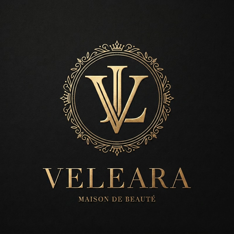 Design an ultra-luxurious logo for a premium beauty brand named “Veleaura.” The logo should feel like a heritage fashion house—timeless, elegant, and instantly iconic. Create a refined emblem with an intertwined “V” and “L” monogram, crafted with perfect symmetry and precision. The monogram should feel balanced, minimal, yet powerful, like a signature mark of a global luxury brand. Incorporate a subtle crest or circular seal, with delicate ornamental detailing that enhances—not overwhelms—the design. Use a deep matte black background with metallic gold accents, featuring soft gold foil texture, subtle shine, and embossed finish. Typography should be high-end serif (Didot/Bodoni style), thin yet bold, with generous spacing for a premium feel. Style references include Parisian haute couture, luxury skincare, and runway branding. Keep it minimal, clean, extremely refined, high contrast, centered composition, vector style, and ultra-detailed.