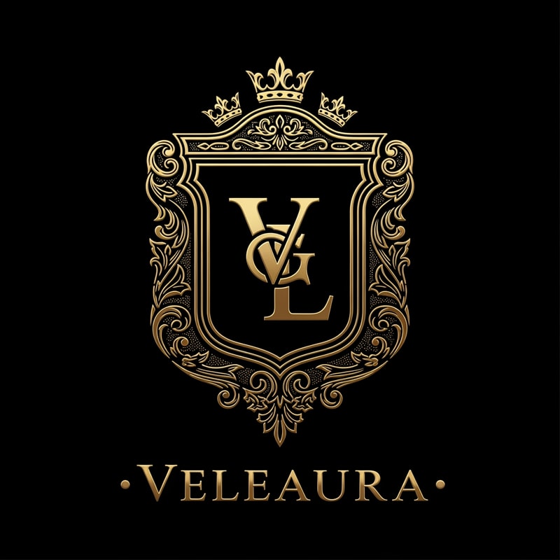 Create a royal emblem-style logo for a luxury beauty brand called “Veleaura.” The design should feel like a modern royal seal—rich, powerful, and prestigious. Feature a bold intertwined “V” and “L” monogram inside an ornate crest or shield, with fine gold detailing such as filigree, subtle crown elements, or symmetrical flourishes. Use a black and rich gold palette, with polished metallic highlights and engraved textures to create depth. The logo should feel authoritative yet feminine, combining strength with elegance. Typography should be a classic serif with a regal presence and slightly spaced lettering. Style references include royal insignia, luxury perfume houses, and premium packaging. Keep it highly detailed, symmetrical, with dramatic lighting and a premium, iconic finish.