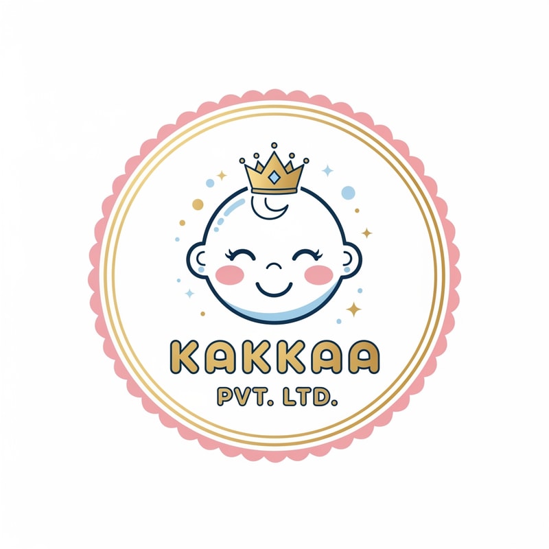 Design a luxury playful emblem logo for Kakkaa Pvt. Ltd. featuring a smiling baby face mascot wearing a tiny crown, representing the idea that every baby is special. Use a circular badge or crest layout with soft decorative borders. Keep the baby face minimal, adorable, and highly memorable. Typography should be rounded, elegant, and bold, integrated into the emblem. Use premium baby-care colors such as soft gold, pastel pink, white, and powder blue. The logo should feel joyful, trustworthy, gentle, and upscale. Perfect for baby care products, apparel labels, and premium packaging. Clean vector style, centered on white background.