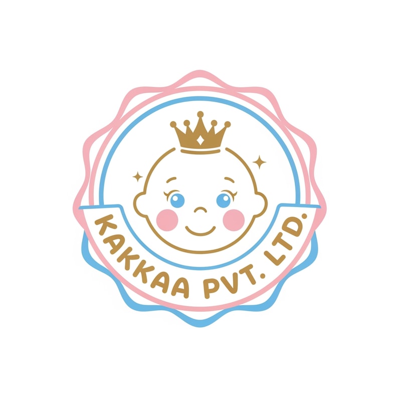 Design a luxury playful emblem logo for Kakkaa Pvt. Ltd. featuring a smiling baby face mascot wearing a tiny crown, representing the idea that every baby is special. Use a circular badge or crest layout with soft decorative borders. Keep the baby face minimal, adorable, and highly memorable. Typography should be rounded, elegant, and bold, integrated into the emblem. Use premium baby-care colors such as soft gold, pastel pink, white, and powder blue. The logo should feel joyful, trustworthy, gentle, and upscale. Perfect for baby care products, apparel labels, and premium packaging. Clean vector style, centered on white background.